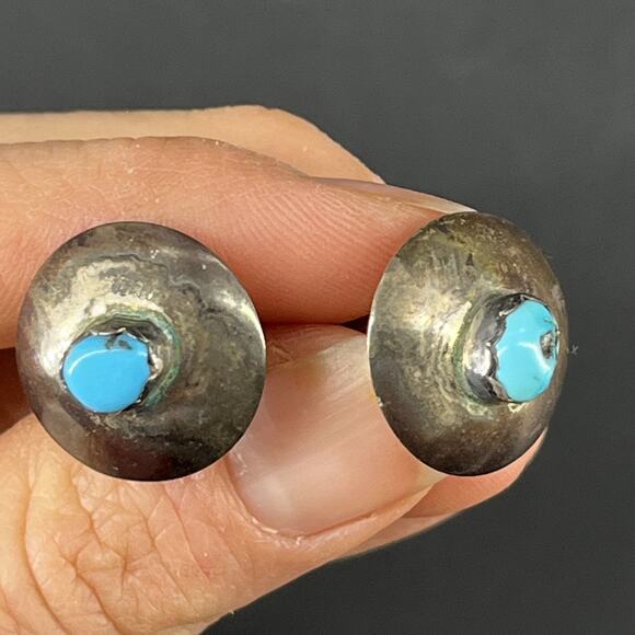 Vintage Sterling Silver & Turquoise Southwest Style Round Cufflinks Cuff Links - Picture 9 of 10